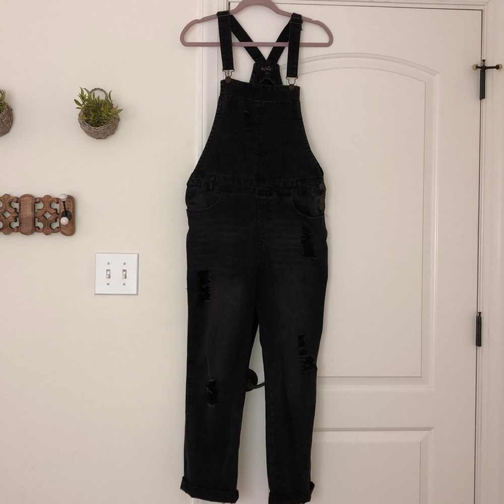 Black distressed denim overalls